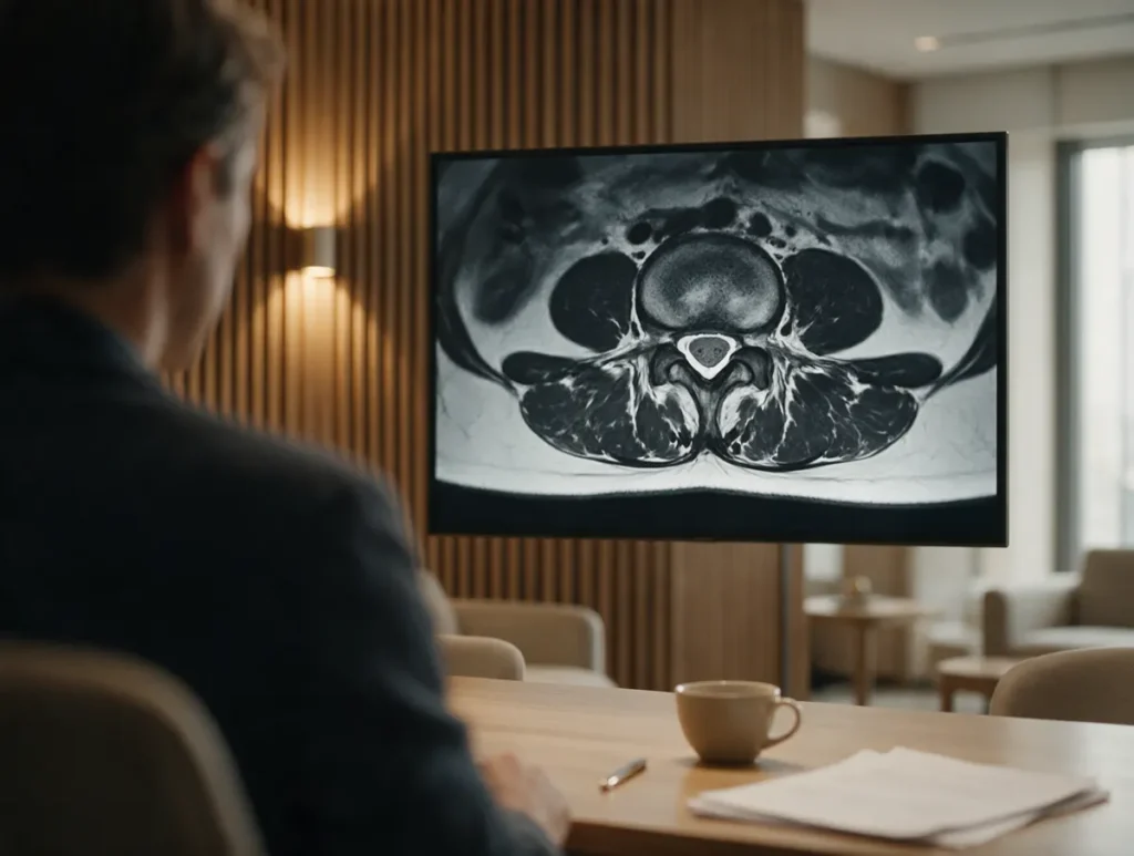 Médico analisando um exame de ressonância da coluna em um monitor (imagem ilustrativa)
