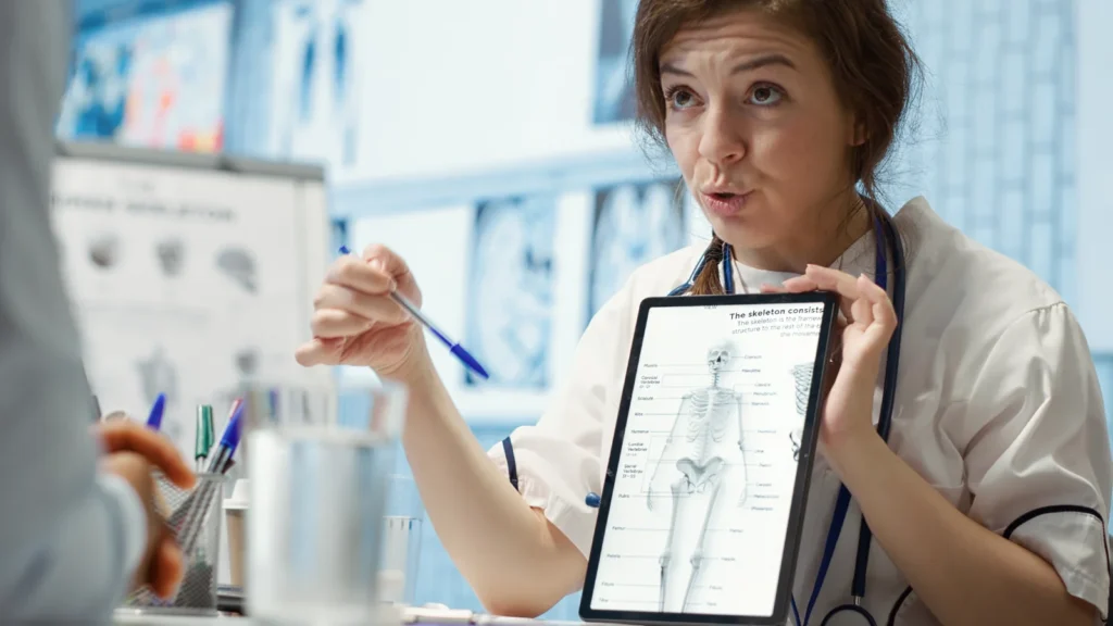 Médica explicando resultados de exames em um tablet (imagem ilustrativa)